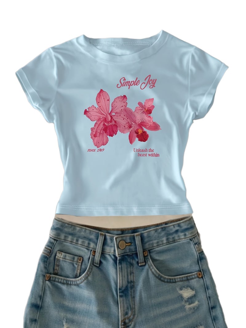 00008 - Women'S Casual Top English Letter Petal Print Girly Heart Sweet Cool American Style Ins Hot Summer T - Shirt - CC75 - Light Blue / XS - Image 1