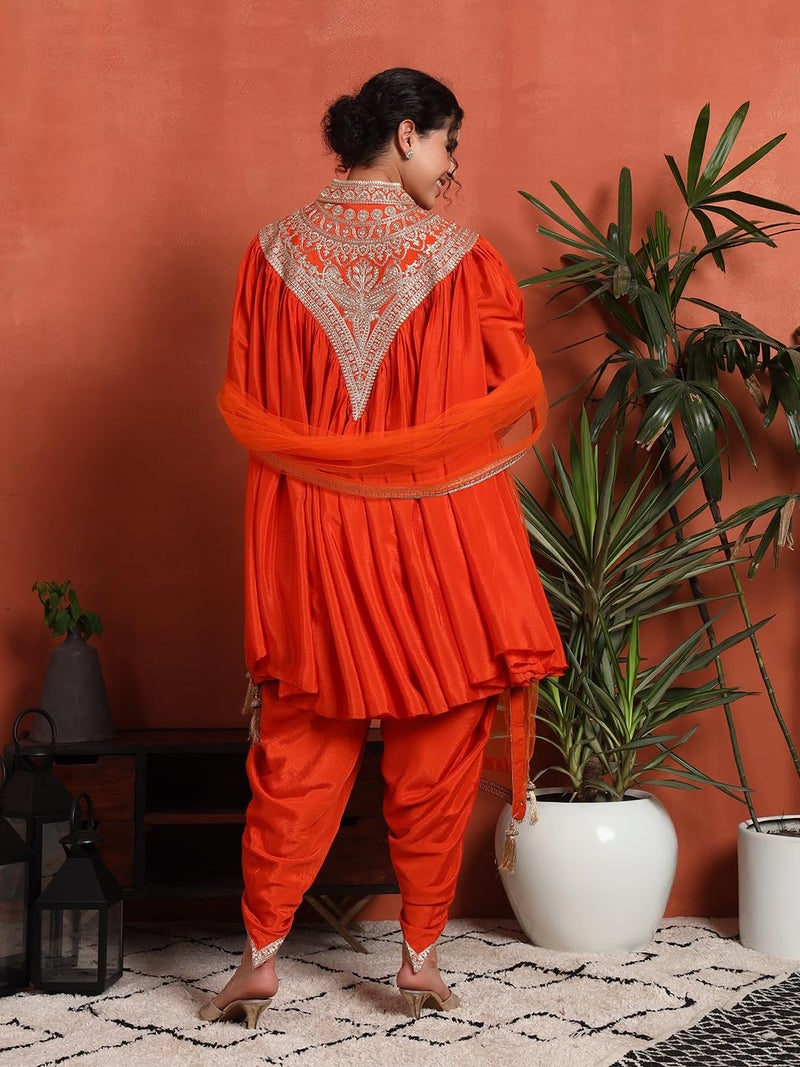 SHOPPING QUEEN Women's Silk Blend Embroidered Kaftan, Dhoti Pant & Dupatta Set (A580_Ginger Orange_2XL) - Image 2