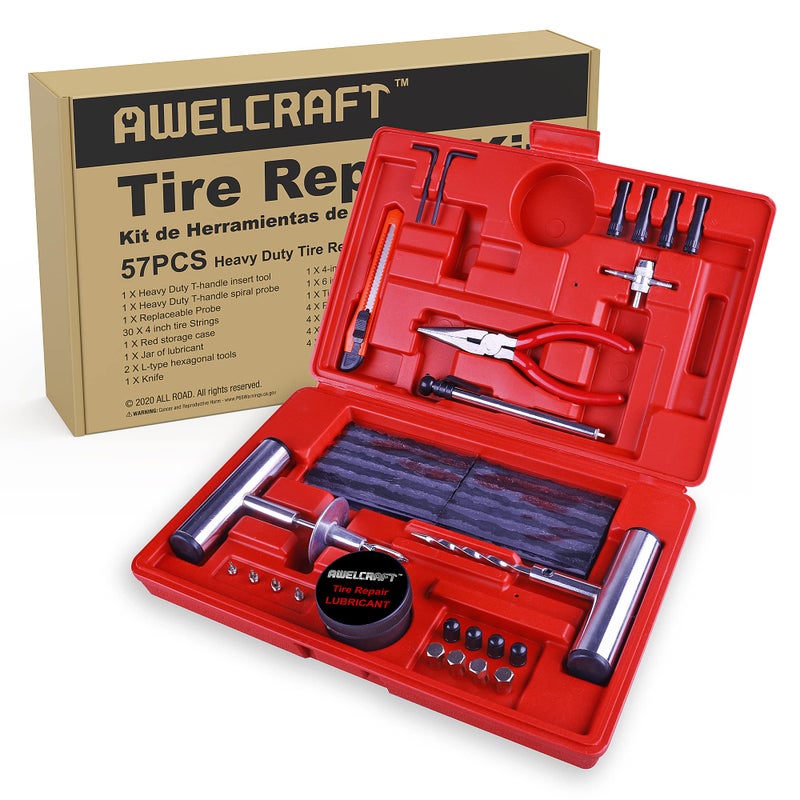 AWELCRAFT Heavy Duty Tire Repair Tools Kit  57 PCS Set Truck Tool Box for Motorcycle Car ATV Jeep Truck Tractor Flat Tire Plug Kit