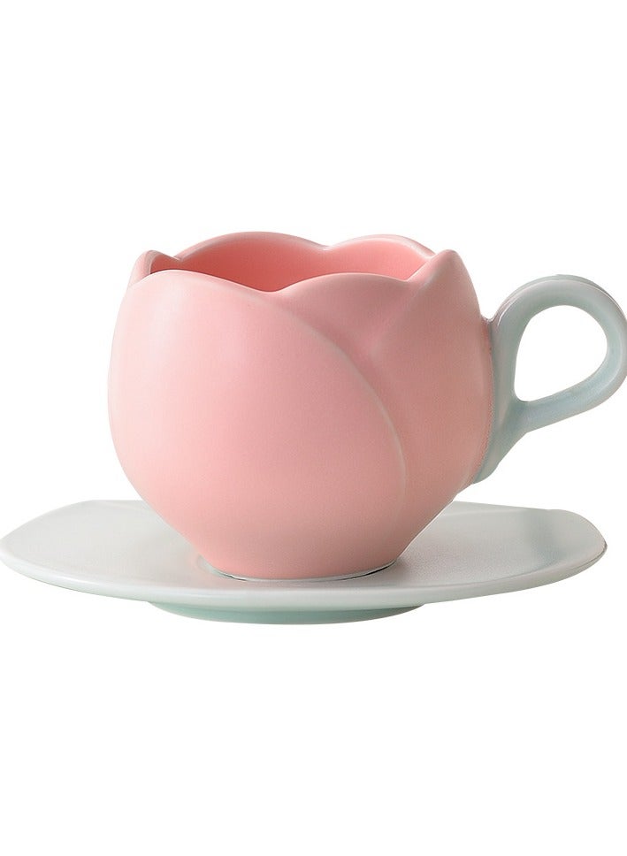 European retro tulip pink coffee cup, beautiful and exquisite flower mug, afternoon tea ceramic cup and saucer set  - Image 1