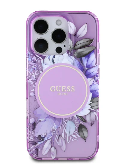 GUESS MagSafe IML Transparent Hard Case With Flower Design & Tonal Circle Logo for iPhone 16 Pro / Lightweight / High Quality Material - Purple