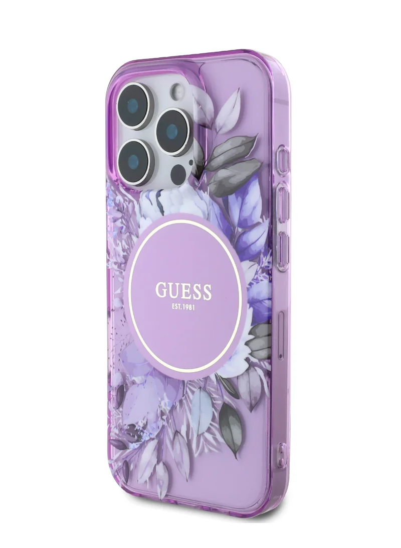 GUESS MagSafe IML Transparent Hard Case With Flower Design & Tonal Circle Logo for iPhone 16 Pro / Lightweight / High Quality Material - Purple