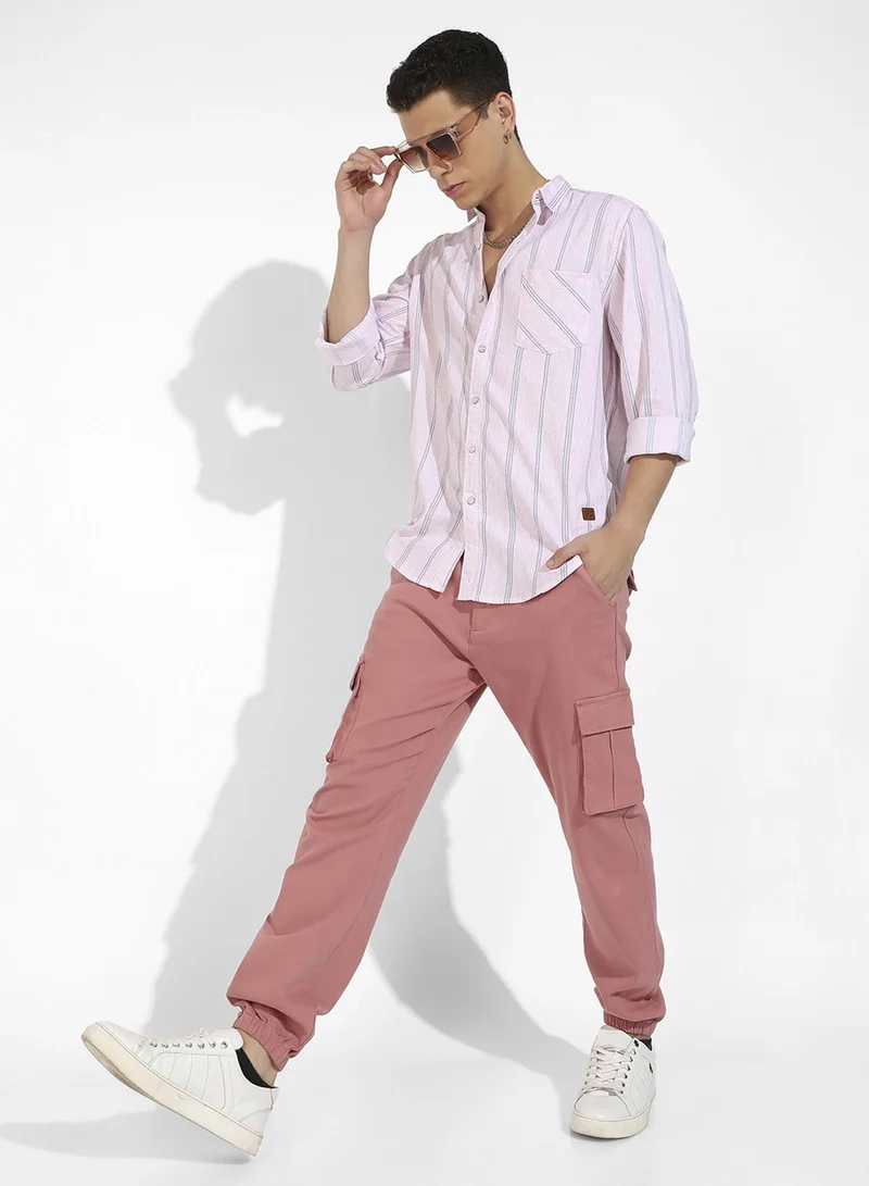 Campus Sutra Men's Pink Heathered Striped Shirt