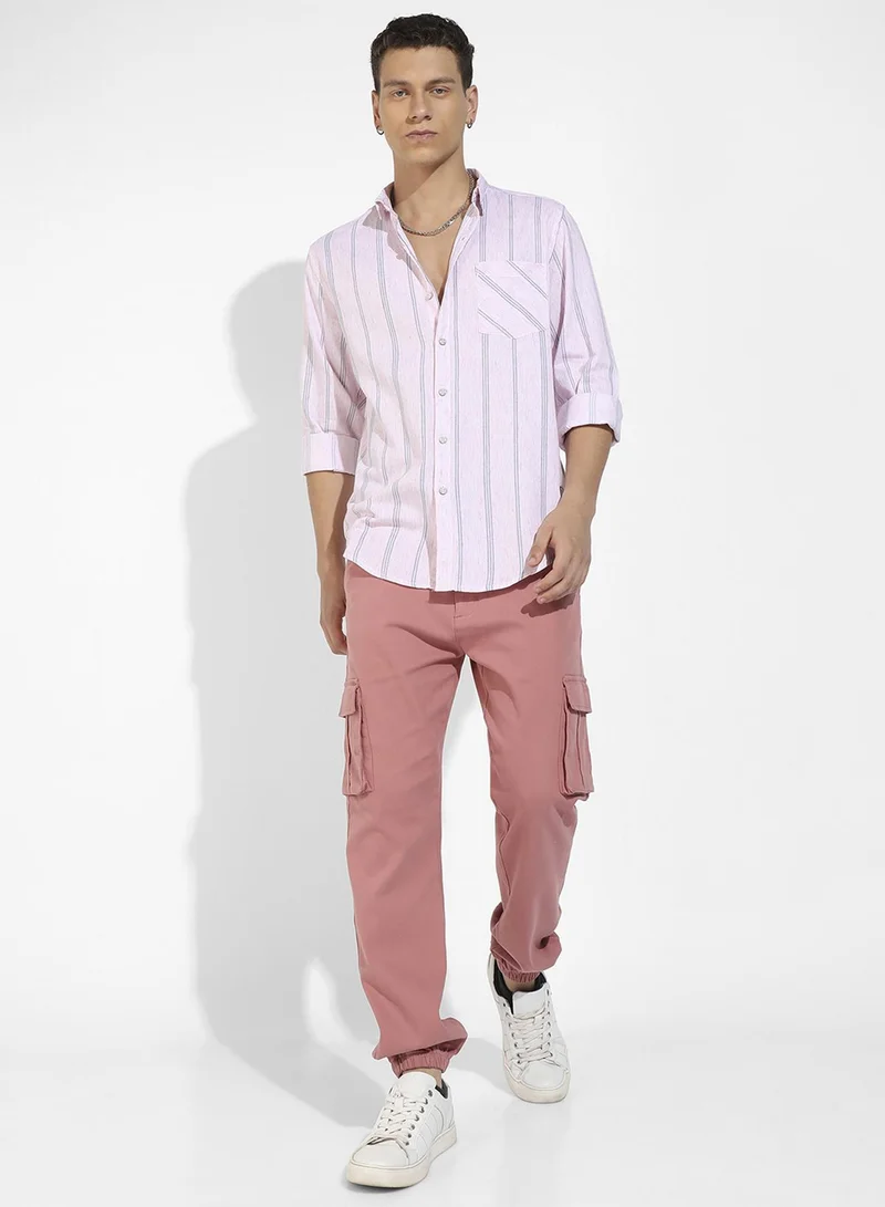 Campus Sutra Men's Pink Heathered Striped Shirt