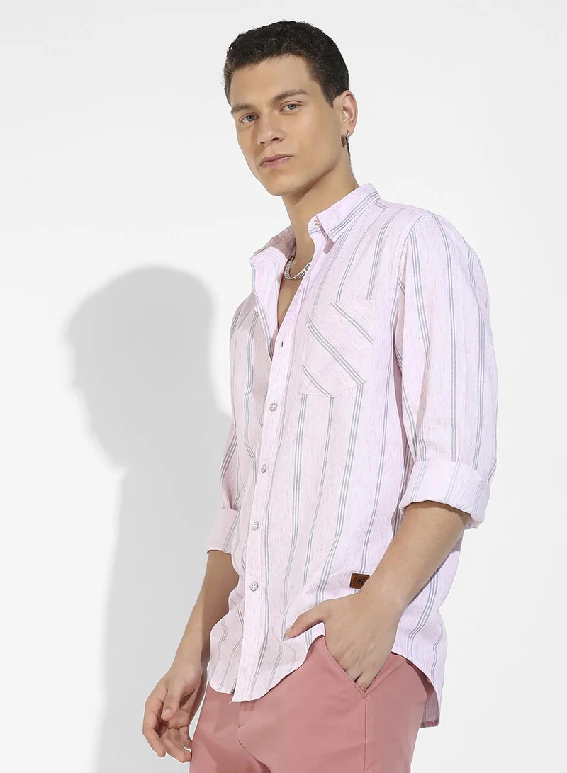 Campus Sutra Men's Pink Heathered Striped Shirt