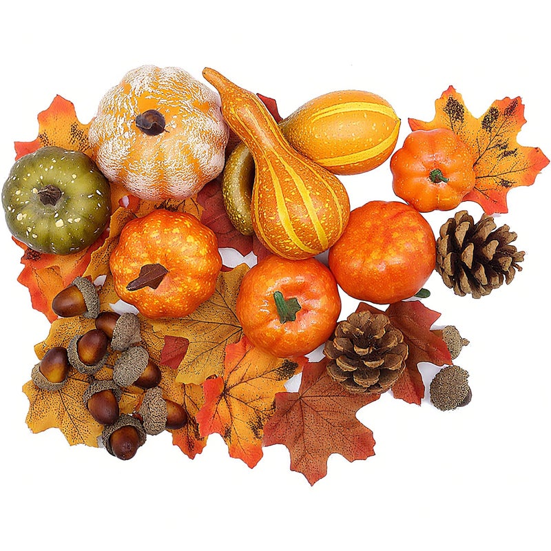 winemana 50pcs Fall Pumpkins Decor Set Mini Artificial Gourd Fall Leaves Acorns Decorations for Home Fall Centerpieces for Tables Thanksgiving Vase Filler Harvest Farmhouse Table Tiered Tray Set