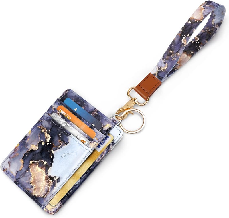 Coco Rossi Slim Front Pocket Wallet RFID ID Card Holder Cute Small Wallet with Wrist Lanyards Key Chain Holder for Women,Grey Marble - Image 1
