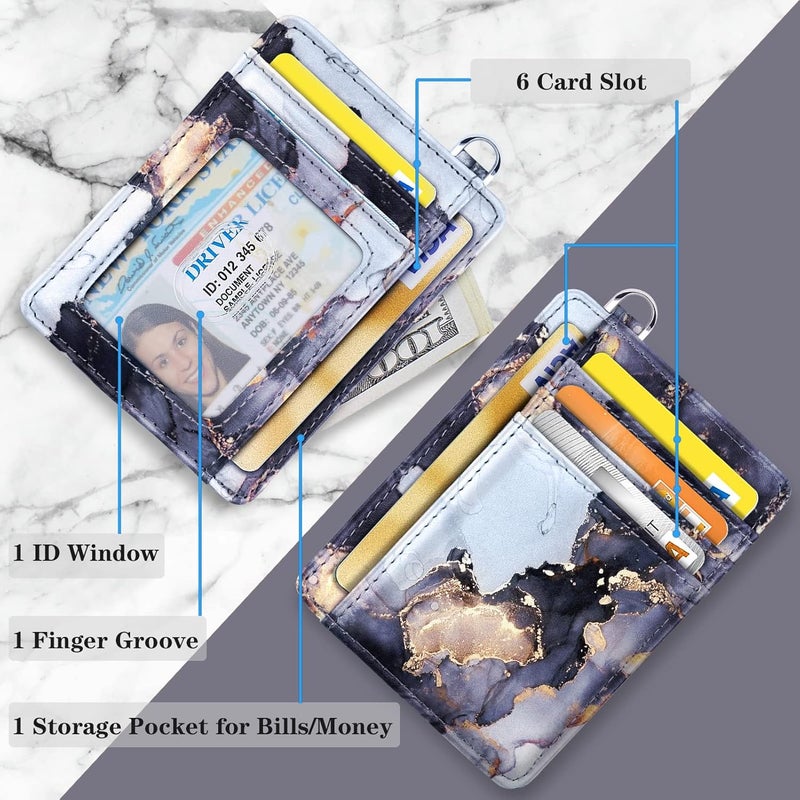 Coco Rossi Slim Front Pocket Wallet RFID ID Card Holder Cute Small Wallet with Wrist Lanyards Key Chain Holder for Women,Grey Marble - Image 2