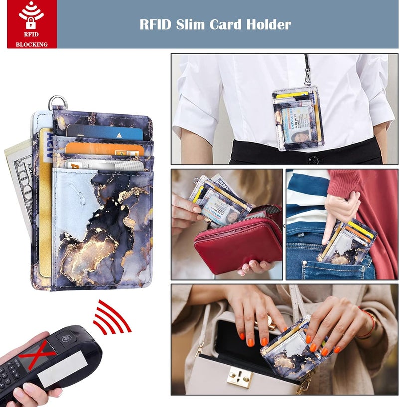 Coco Rossi Slim Front Pocket Wallet RFID ID Card Holder Cute Small Wallet with Wrist Lanyards Key Chain Holder for Women,Grey Marble - Image 4