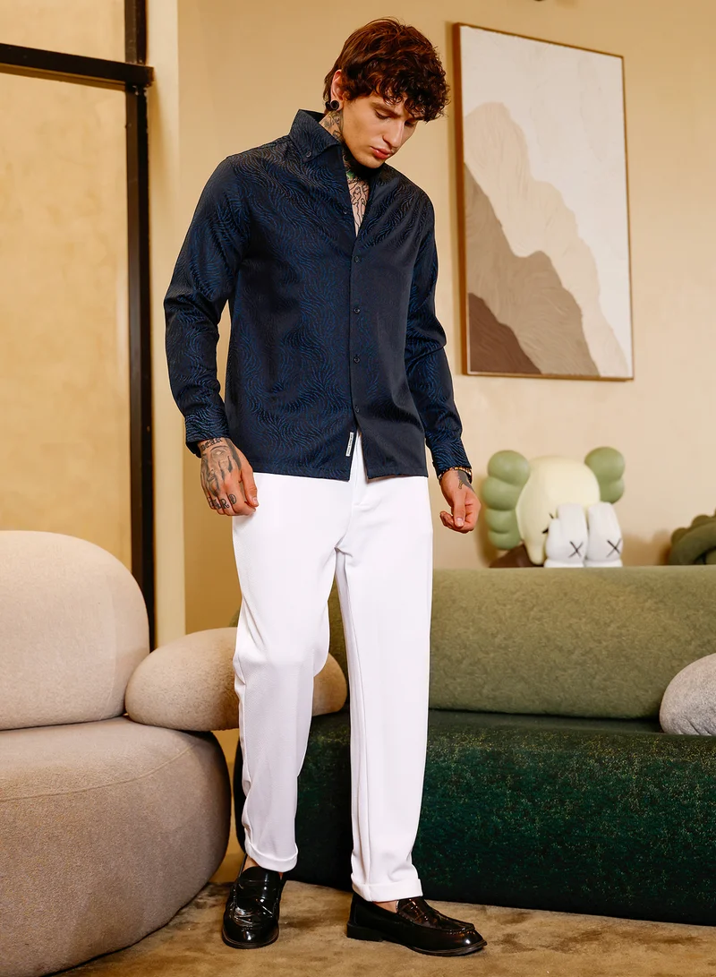 Campus Sutra Campus Sutra Men Contrast-Streaks Jacquard Shirt | Button-Down One-Piece Collar Long Cuffed Sleeves | Button Closure Curved Hem | Abstract Jacquard | Woven Fabric For Casual & Party Wear | Navy Blue