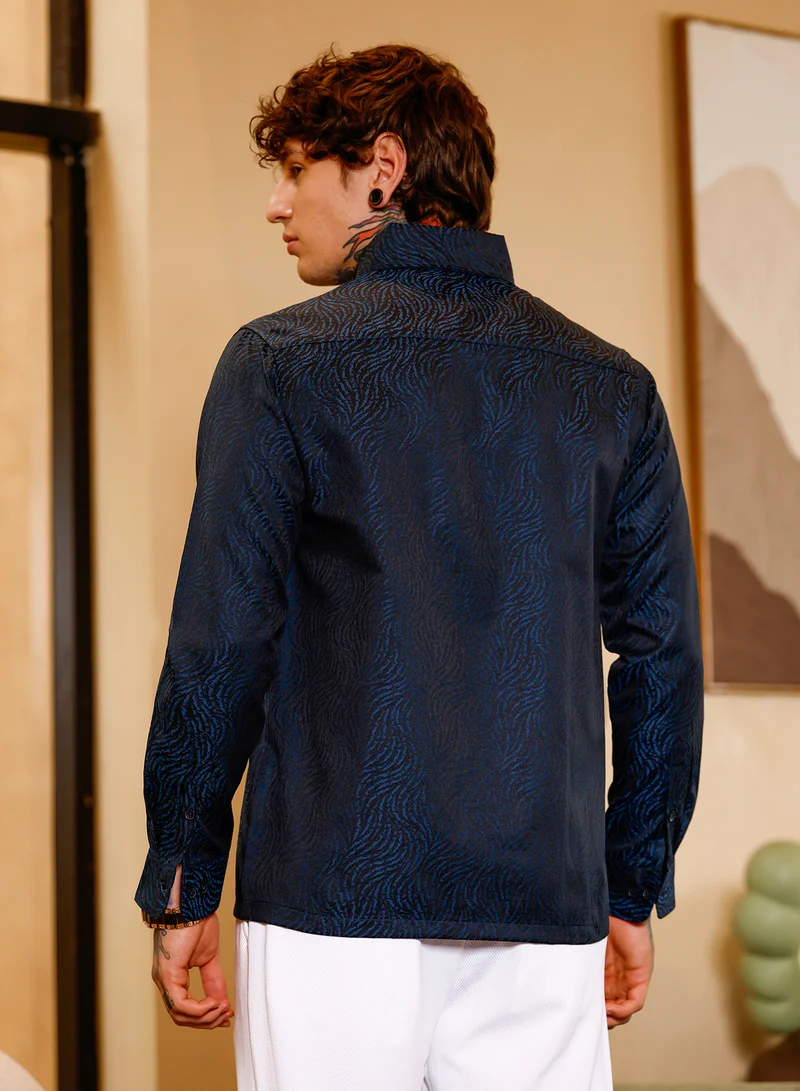 Campus Sutra Campus Sutra Men Contrast-Streaks Jacquard Shirt | Button-Down One-Piece Collar Long Cuffed Sleeves | Button Closure Curved Hem | Abstract Jacquard | Woven Fabric For Casual & Party Wear | Navy Blue