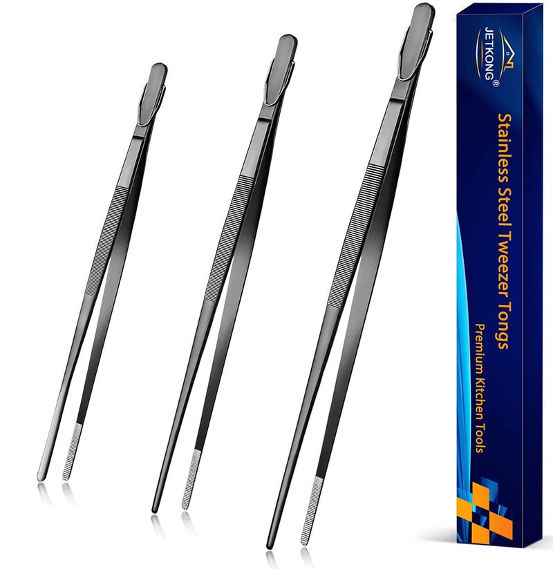 JETKONG Extra Long Kitchen Tweezers Heavy Duty Stainless Steel Cooking Tweezers Set of 3 9 12 14 Inch Black