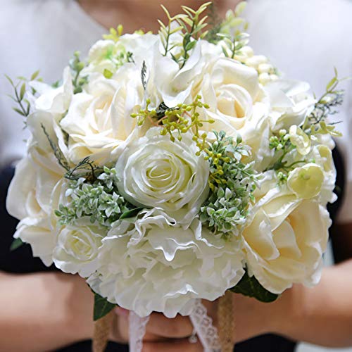 Fiwisora 9.8" Bridal Holding Wedding Bouquet Real-Looking Mixed Flowers Ivory Greenery Bridal Throw Bouquet for Brides Bridesmaid Wedding Hold Flower, Ivory - Image 5