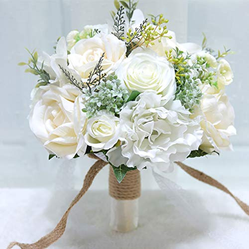 Fiwisora 9.8" Bridal Holding Wedding Bouquet Real-Looking Mixed Flowers Ivory Greenery Bridal Throw Bouquet for Brides Bridesmaid Wedding Hold Flower, Ivory - Image 3