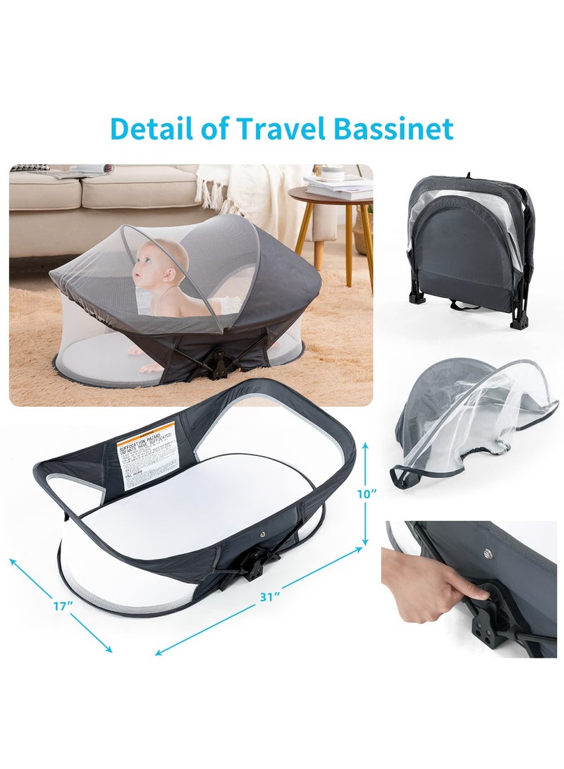 Portable Baby Bed Travel Bassinet, Foldable Infant Crib, Infant Nest, Detachable Sleeper Bassinets, Easy-to-Carry Travel Cots for Newborns, Babies, Toddlers with Mattress, Mosquito and Sunshade Net, Dark Grey - Image 4