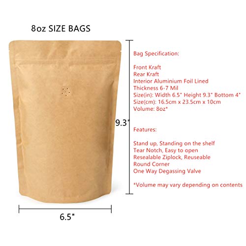 EverPack 50 Counts High Barrier Natural Kraft Paper Stand up Zipper Coffee Pouch Bag with One Way Degassing Valve 50 8 OZ05 LB224250 Gram - Image 5