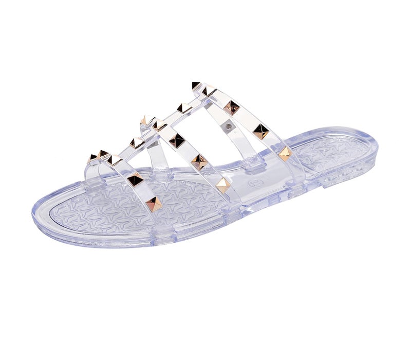OMGard Womens Studded Sandals Jelly Shoes Woman Summer Beach Jellies Flats Size 6 Clear Ladies Walking Slides with Rivets Transparent Cute Dress Open Toes Slippers Comfort Slip On - Image 1
