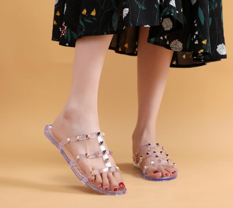 OMGard Womens Studded Sandals Jelly Shoes Woman Summer Beach Jellies Flats Size 6 Clear Ladies Walking Slides with Rivets Transparent Cute Dress Open Toes Slippers Comfort Slip On - Image 2