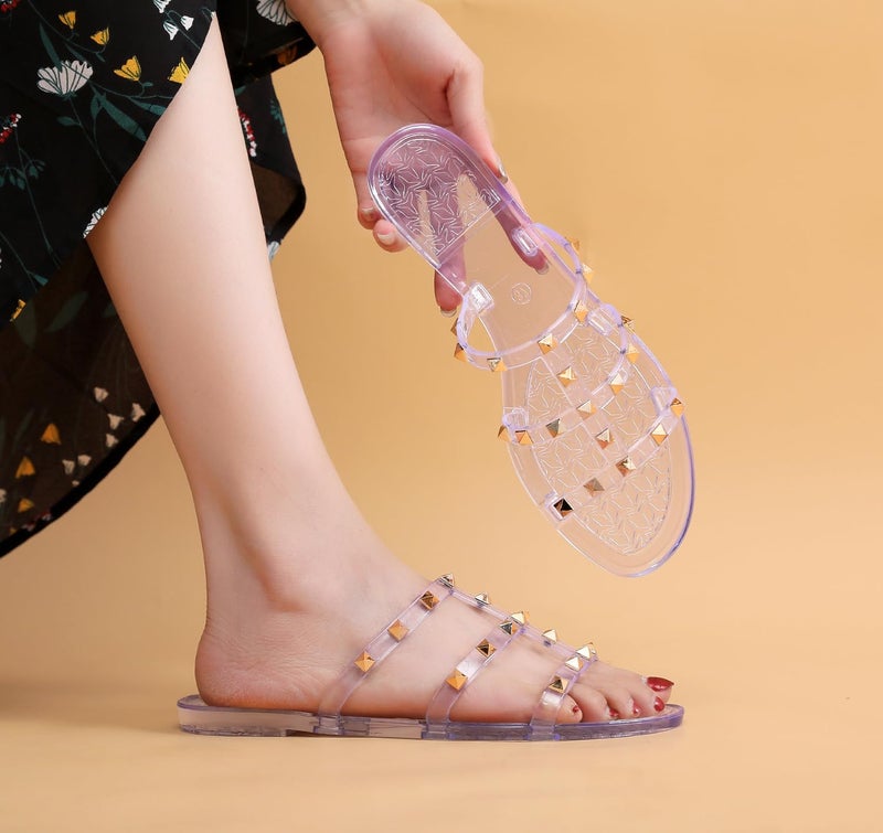 OMGard Womens Studded Sandals Jelly Shoes Woman Summer Beach Jellies Flats Size 6 Clear Ladies Walking Slides with Rivets Transparent Cute Dress Open Toes Slippers Comfort Slip On - Image 3