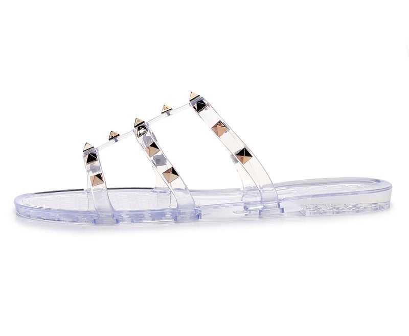 OMGard Womens Studded Sandals Jelly Shoes Woman Summer Beach Jellies Flats Size 6 Clear Ladies Walking Slides with Rivets Transparent Cute Dress Open Toes Slippers Comfort Slip On - Image 5