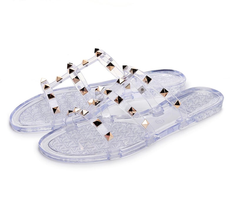 OMGard Womens Studded Sandals Jelly Shoes Woman Summer Beach Jellies Flats Size 6 Clear Ladies Walking Slides with Rivets Transparent Cute Dress Open Toes Slippers Comfort Slip On - Image 4