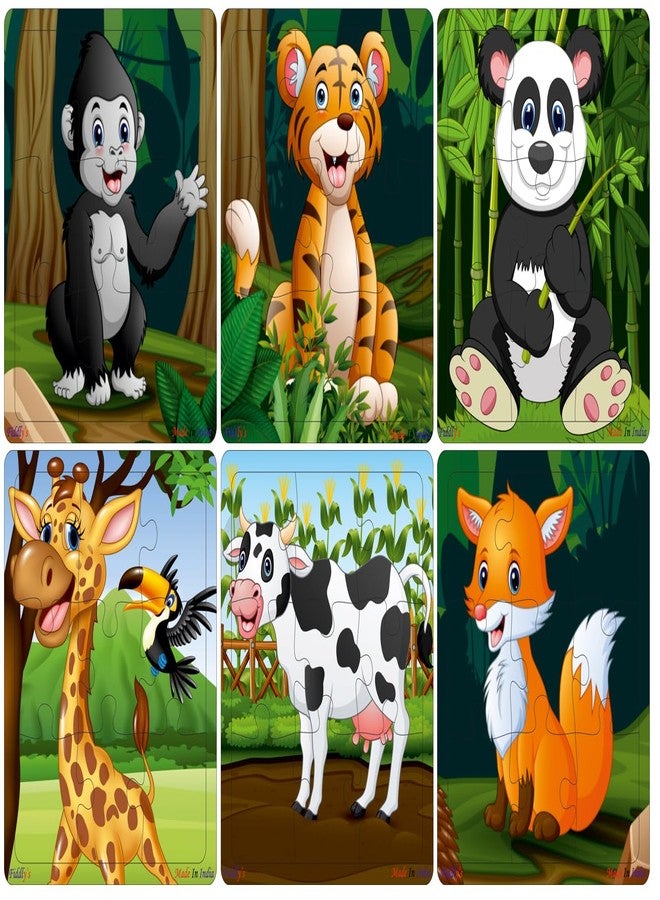 Fiddlys Wooden Jigsaw Puzzles for Kids & Children – 9 Pieces Each, Pack of 6|Double Layered Front & Back Print| Educational Toy for Boys & Girls Age 2 3 4 5 6 Year Old (Wild & Pets Animal) - Image 1