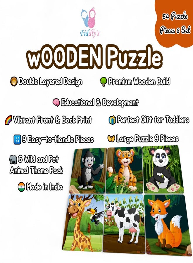 Fiddlys Wooden Jigsaw Puzzles for Kids & Children – 9 Pieces Each, Pack of 6|Double Layered Front & Back Print| Educational Toy for Boys & Girls Age 2 3 4 5 6 Year Old (Wild & Pets Animal) - Image 3