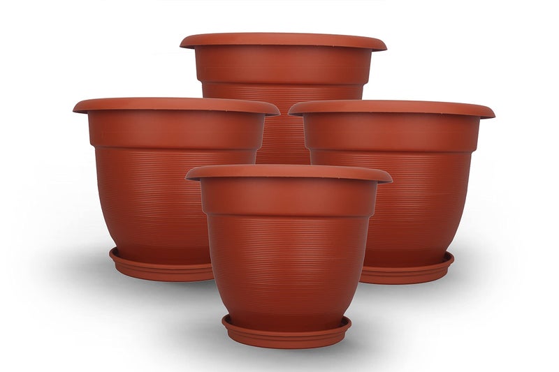 Halsey® Hexagonal (Pack of 4) Modern Design Durable Plastic Plant Pot For Gardening (with Plate) (XX-Large),Red - Image 1