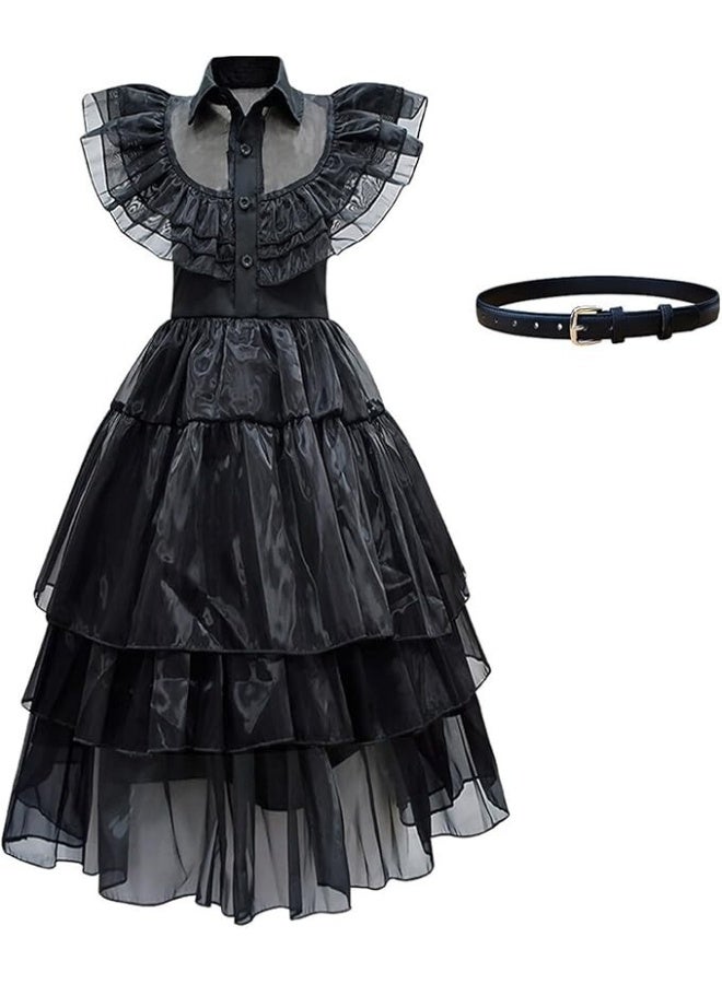 Toyland Girls Wednesday Addams Inspired Black Gothic Dress with Belt – Halloween Costume Party Outfit - Image 1
