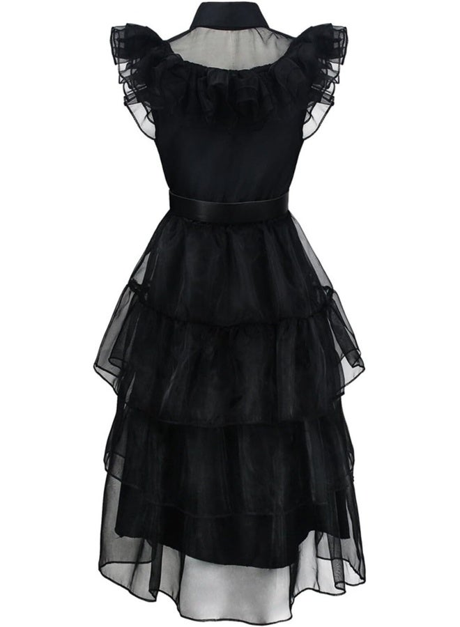 Toyland Girls Wednesday Addams Inspired Black Gothic Dress with Belt – Halloween Costume Party Outfit - Image 2