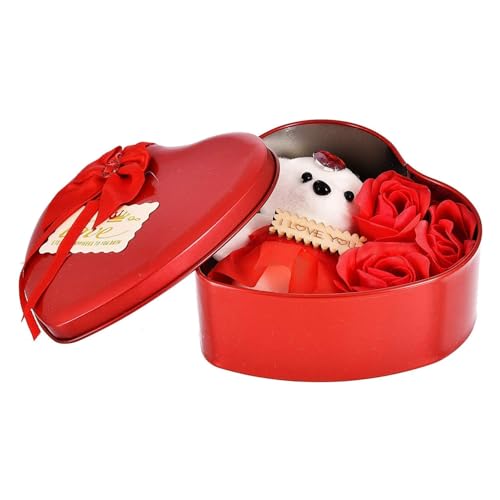 sakoraware Red Heart Shape Romantic Gift Box with Small Doll Teddy Bear & Artificial Rose | Valentine Anniversary Wedding Special Love Gift Set for Couples Girlfriend Husband Wife Fiancee - Image 1