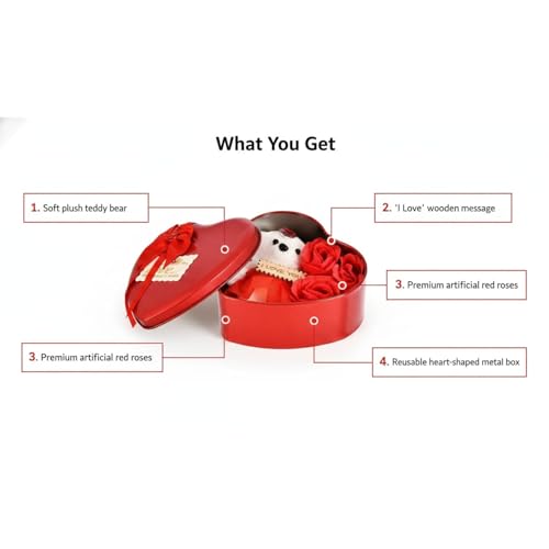 sakoraware Red Heart Shape Romantic Gift Box with Small Doll Teddy Bear & Artificial Rose | Valentine Anniversary Wedding Special Love Gift Set for Couples Girlfriend Husband Wife Fiancee - Image 4