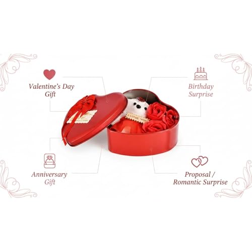 sakoraware Red Heart Shape Romantic Gift Box with Small Doll Teddy Bear & Artificial Rose | Valentine Anniversary Wedding Special Love Gift Set for Couples Girlfriend Husband Wife Fiancee - Image 3