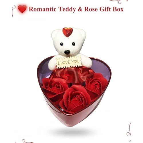 sakoraware Red Heart Shape Romantic Gift Box with Small Doll Teddy Bear & Artificial Rose | Valentine Anniversary Wedding Special Love Gift Set for Couples Girlfriend Husband Wife Fiancee - Image 2