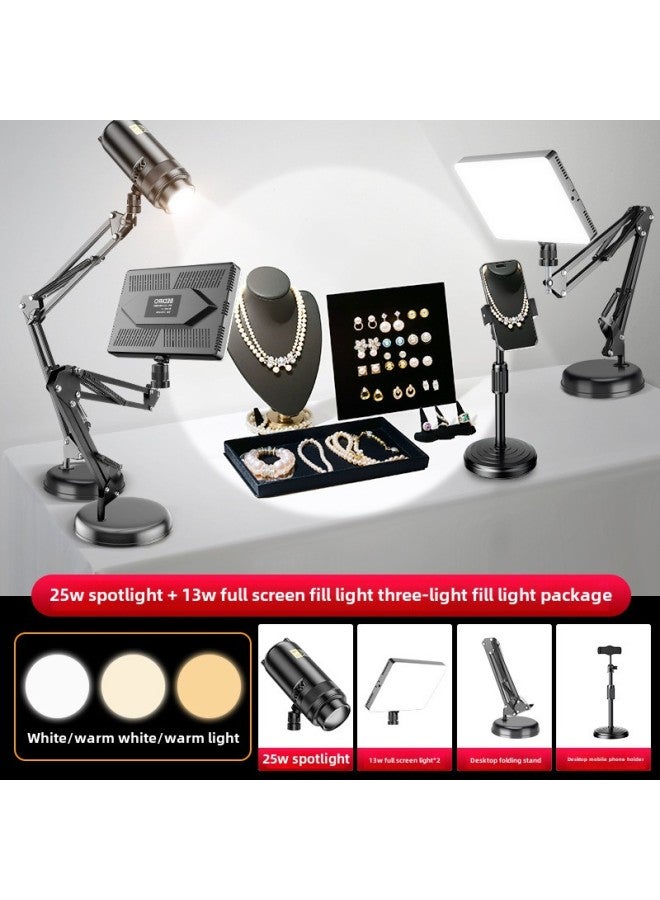 Desktop Live Lights Special Spotlight Spotlight Anchor Sitting Shot Jewelry, Jade And Jade Play-Light Source Color:【three Lights|Hand Broadcast Fill Light Set] 25w Spotlight + 13w Full Screen Fill Light*2 (hand Broadcast Bracket Included)  - Image 1