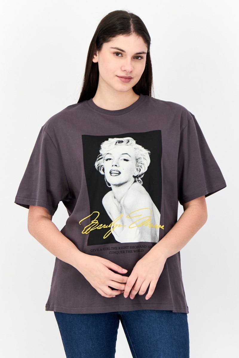 Marilyn Monroe Women Oversized Crew Neck Short Sleeve Graphic T-shirt, Charcoal Grey - Image 1
