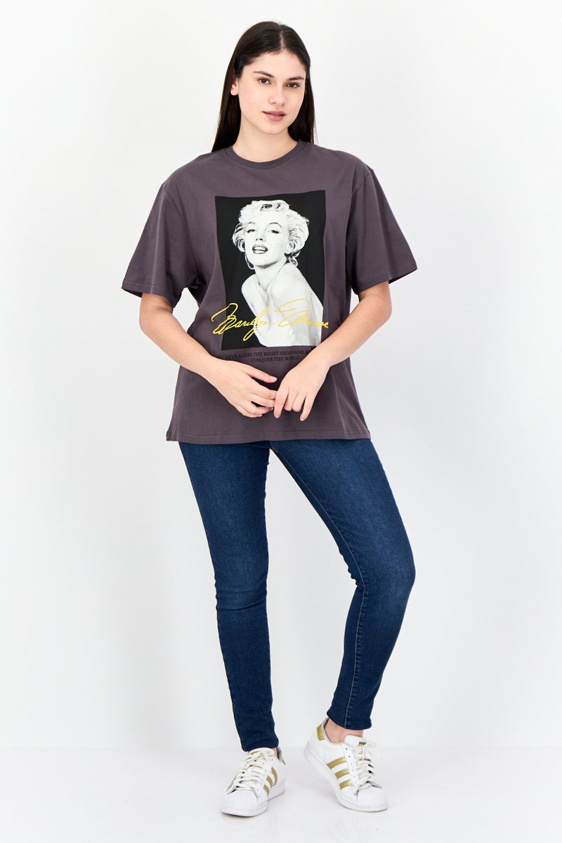 Marilyn Monroe Women Oversized Crew Neck Short Sleeve Graphic T-shirt, Charcoal Grey - Image 3