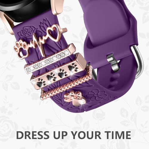 DaQin Flower Engraved Band Compatible with Samsung Galaxy Watch 7 Band/FE 6 5 4 40mm 44mm,Galaxy Active 2, 20mm Watch Band Soft Silicone Replacement Strap with Decorative Charms Accessories Women - Image 3
