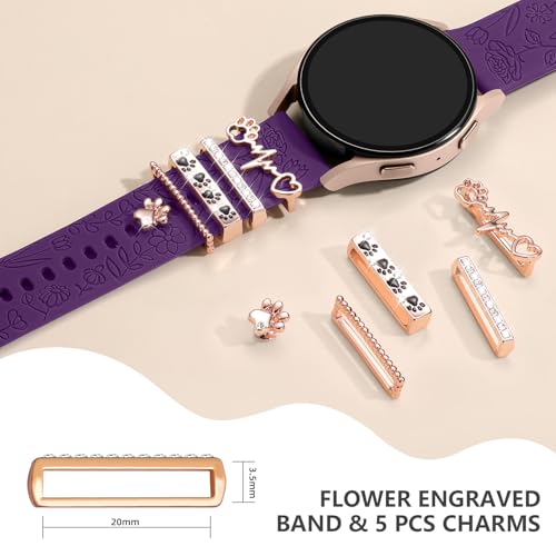 DaQin Flower Engraved Band Compatible with Samsung Galaxy Watch 7 Band/FE 6 5 4 40mm 44mm,Galaxy Active 2, 20mm Watch Band Soft Silicone Replacement Strap with Decorative Charms Accessories Women - Image 4