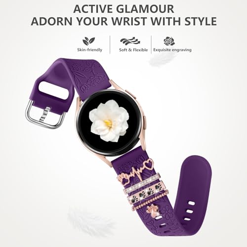 DaQin Flower Engraved Band Compatible with Samsung Galaxy Watch 7 Band/FE 6 5 4 40mm 44mm,Galaxy Active 2, 20mm Watch Band Soft Silicone Replacement Strap with Decorative Charms Accessories Women - Image 5