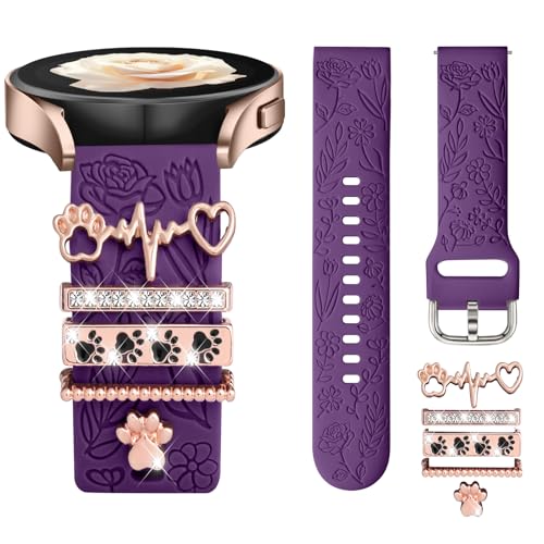DaQin Flower Engraved Band Compatible with Samsung Galaxy Watch 7 Band/FE 6 5 4 40mm 44mm,Galaxy Active 2, 20mm Watch Band Soft Silicone Replacement Strap with Decorative Charms Accessories Women - Image 1