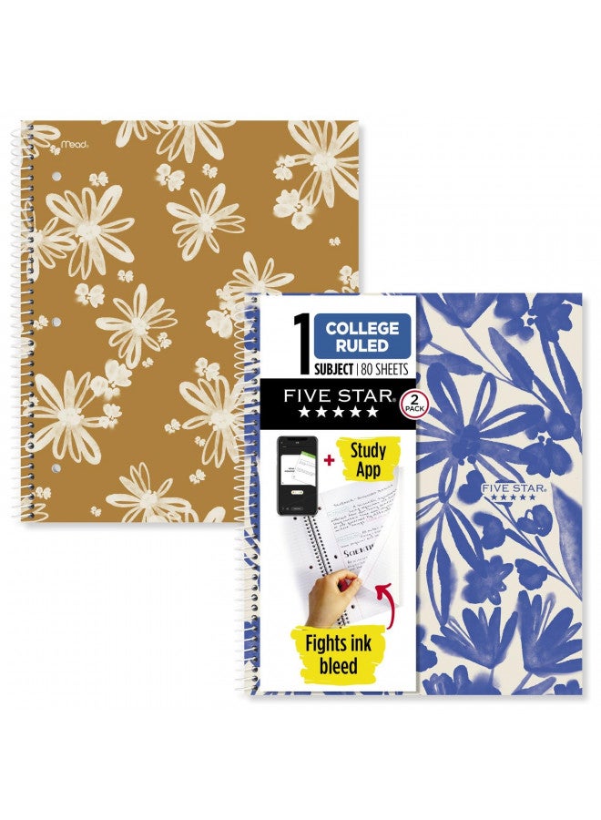 Five Star Spiral Notebooks + Study App, 2 Pack, 1 Subject, College Ruled Paper, 11" x 8-1/2", 80 Sheets, Soft Petals (820331F-ECM) - Image 1