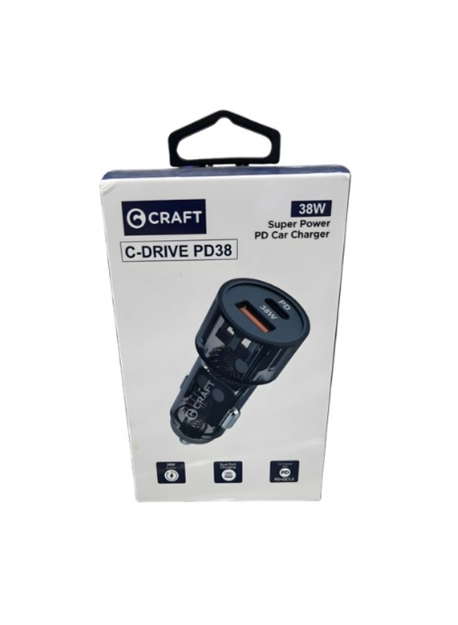 كرافت شاحن سيارة C-Drive PD38 فائق الطاقة بتقنية PD - خرج طاقة 38 واط وشحن بمنفذين