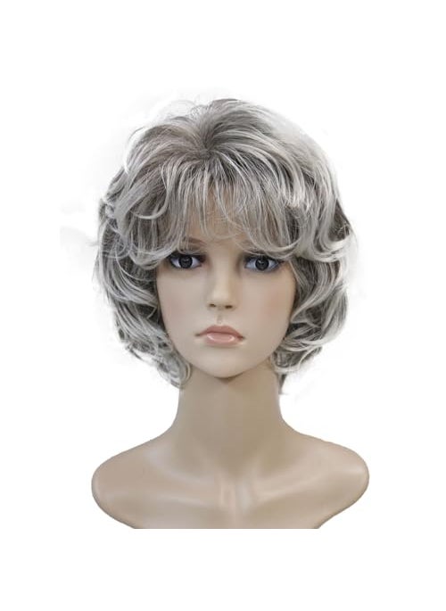 Wiginway - Wiginway Short Layered Shaggy Wavy Wigs Full Synthetic Bob Capless Wigs for White Women Light Gray with Dark Roots - Image 1