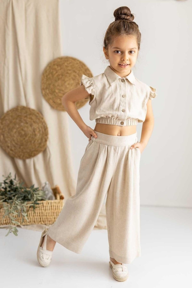 Oliven The Kid Beige Linen Pleated Elastic Side Pocket Wide Leg Girls Trousers - Image 1