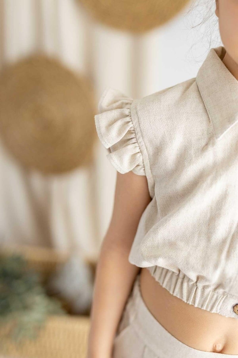 Oliven The Kid Beige Linen Pleated Elastic Side Pocket Wide Leg Girls Trousers - Image 5