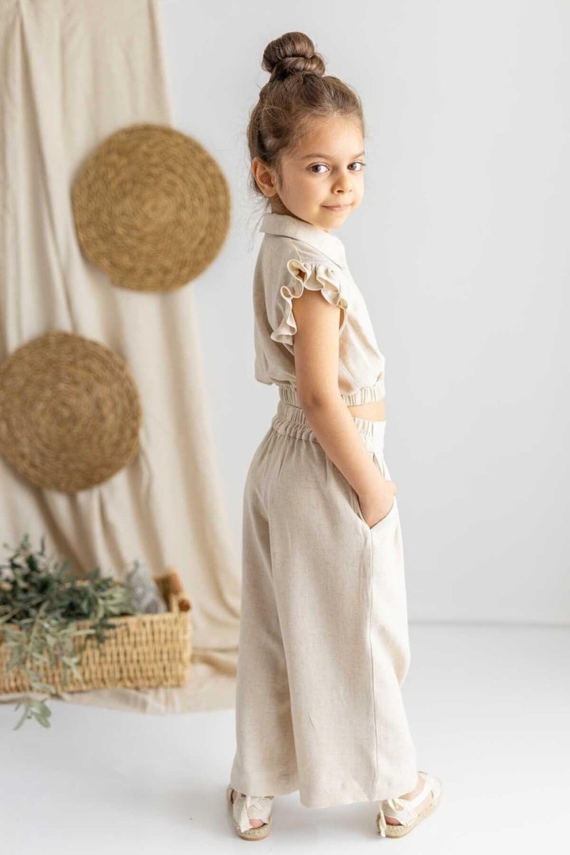 Oliven The Kid Beige Linen Pleated Elastic Side Pocket Wide Leg Girls Trousers - Image 2