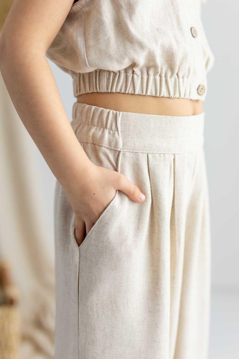 Oliven The Kid Beige Linen Pleated Elastic Side Pocket Wide Leg Girls Trousers - Image 3