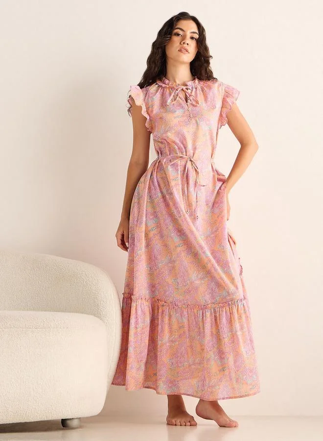 سبلاش فيڤ قميص نوم بأكمام قصيرة وطبعة شاملة وحزام ربط