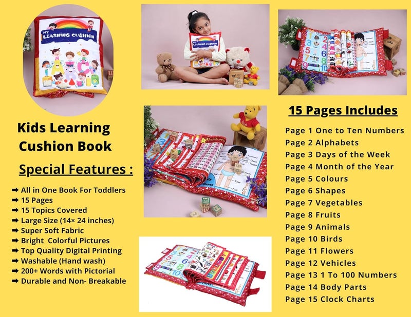 Keshav Creation Learning Cushion Pillow Book Kids with English | Alphabet, Numbers, Animal Names | Kids Learning Toys (Pink) - Image 2